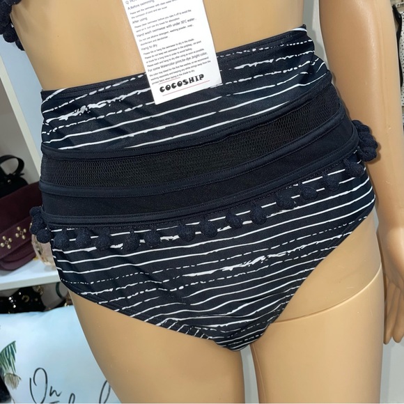 COCOSHIP Striped High Waist Bikini Set Tassel Trim Top Halter Straps Swimsuit - Picture 5 of 16